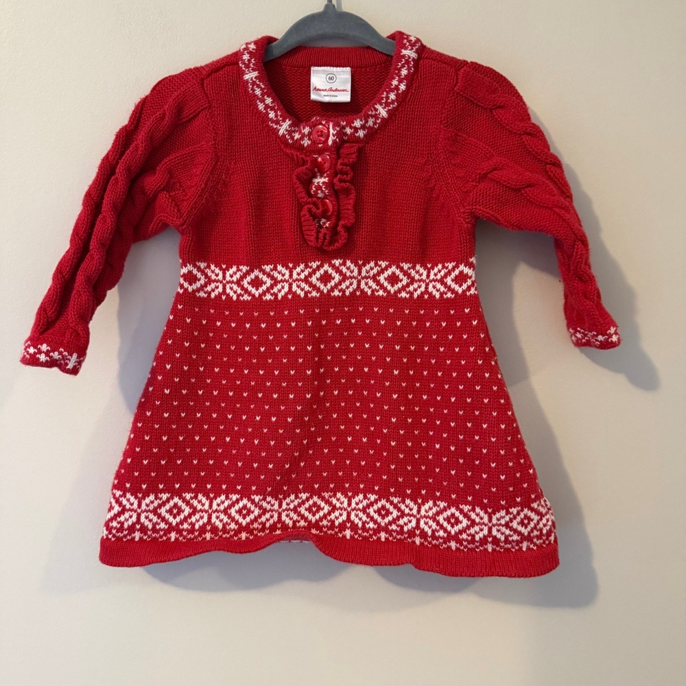 Hanna‎ Andersson Red Fair Isle Knit Baby Dress Snowflake Buttons Long Sleeve
